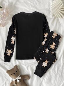 SHEIN Tween女孩秋冬日常居家甜美卡通螢光波點卡通熊蝴蝶結印花長袖套頭上衣與配套長褲套裝，2件式黑色修身居家服套裝 - 黑色 - 查看 2