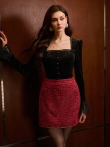 MOTF PREMIUM WOMEN'S TWEED SKIRT WITH WOVEN TAPE DECORATION, AUTUMN/WINTER - Burgundy - View 3