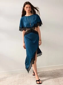 Willow Rêve Women's Green Batwing Sleeve Waist Cutout Contrast Lace Asymmetrical Hem Midi Dress - Green - View 1