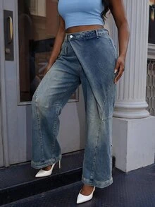 Slaydiva Plus Size Casual Washed Design Denim Jeans - Blue - View 4