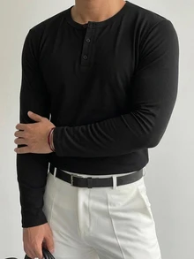 DAZY 春秋款長袖黑色純色針織面料T恤 - 黑色 - 查看 3