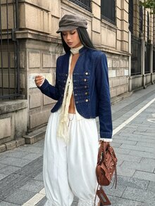 StreetHx Fashion Casual Vintage Street Style Napoleon Button Denim Jacket - Dark Wash - View 7