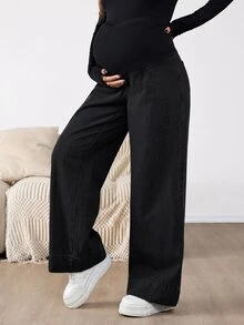 SHEIN Maternity Asymmetric Waist Wide Leg Loose Casual Denim Jeans Fall Clothes - Black - View 5