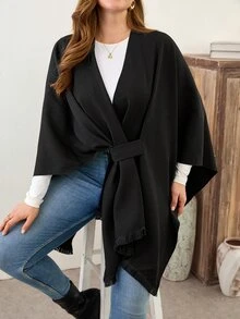 EMERY ROSE Cardigan Syal Rumbai Modis Warna Polos Ukuran Plus Wanita - Hitam - View 5