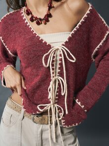 Bohemela Women's Colorblock Front Tie Drop Shoulder Long Sleeve Knit Cardigan - Burgundy - View 4