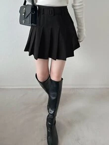 FRIFUL Women's Fashion Versatile Solid Color Pleated Skirt Fall - Black - View 7