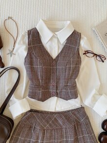 Comfortcana Plaid Tweed Back To School Academy Vest And Pleated Skirt Set - Multicolor - View 4