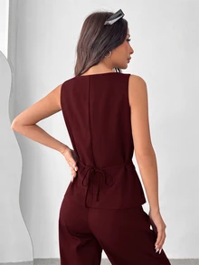 SHEIN EZwear 女款純色寬肩帶前扣無袖簡約休閒西裝外套 秋冬款 - 酒紅色 - 查看 2
