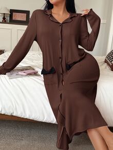 SweetSlumber Women's Brushed Ribbed Bow Knot Loungewear Dress - Brown - View 4