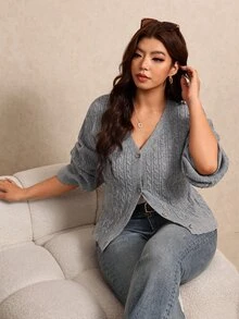 Elaquor Plus Size Women's Cable Knit Long Sleeve Single-Breasted Casual Cardigan - Dark Grey - View 7