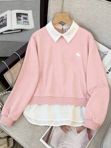 SHEIN 青少年女孩襯衫領刺繡小馬圖案秋冬衛衣 2合1拼接款 - 粉色 - 查看 1