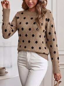 SHEIN LUNE 秋冬新款卡其色波點女款小圓領長袖金屬鈕扣休閒優雅日常通勤居家針織套頭毛衣 - 卡其色 - 查看 8
