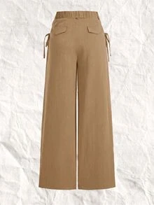 SHEIN EZwear Plus Size Women Solid Color Pleated Side Tie Wide Leg Suit Pants - Khaki - View 2