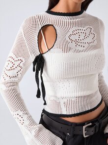 LYSMO Women's Autumn Fashion Contrast Trim Hollow Knit Sweater - Black and White - View 8
