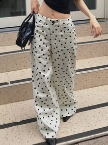 DAZY Polka Dot Loose Wide Leg Pants Casual Street Vacation Autumn Winter Long Jeans For Women - White - View 4