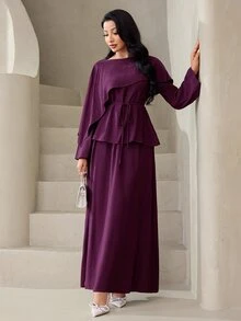 Veilorie Women's Solid Color Asymmetric Design Long Sleeve Top And Skirt Elegant Arabic Outfit Set - Purple - View 5