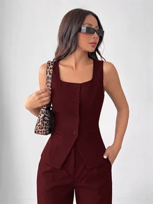 SHEIN EZwear 女款純色寬肩帶前扣無袖簡約休閒西裝外套 秋冬款 - 酒紅色 - 查看 5