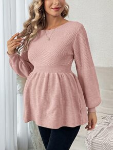 SHEIN Sweater Hamil Warna Polos Leher Bulat Lengan Panjang dengan Hiasan Ruffle di Bagian Bawah - Berwarna merah muda - View 5