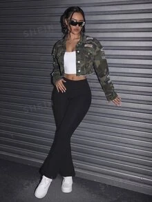 Jeanoix 女款迷彩破邊短版水洗做舊牛仔夾克 - 彩色 - 查看 4