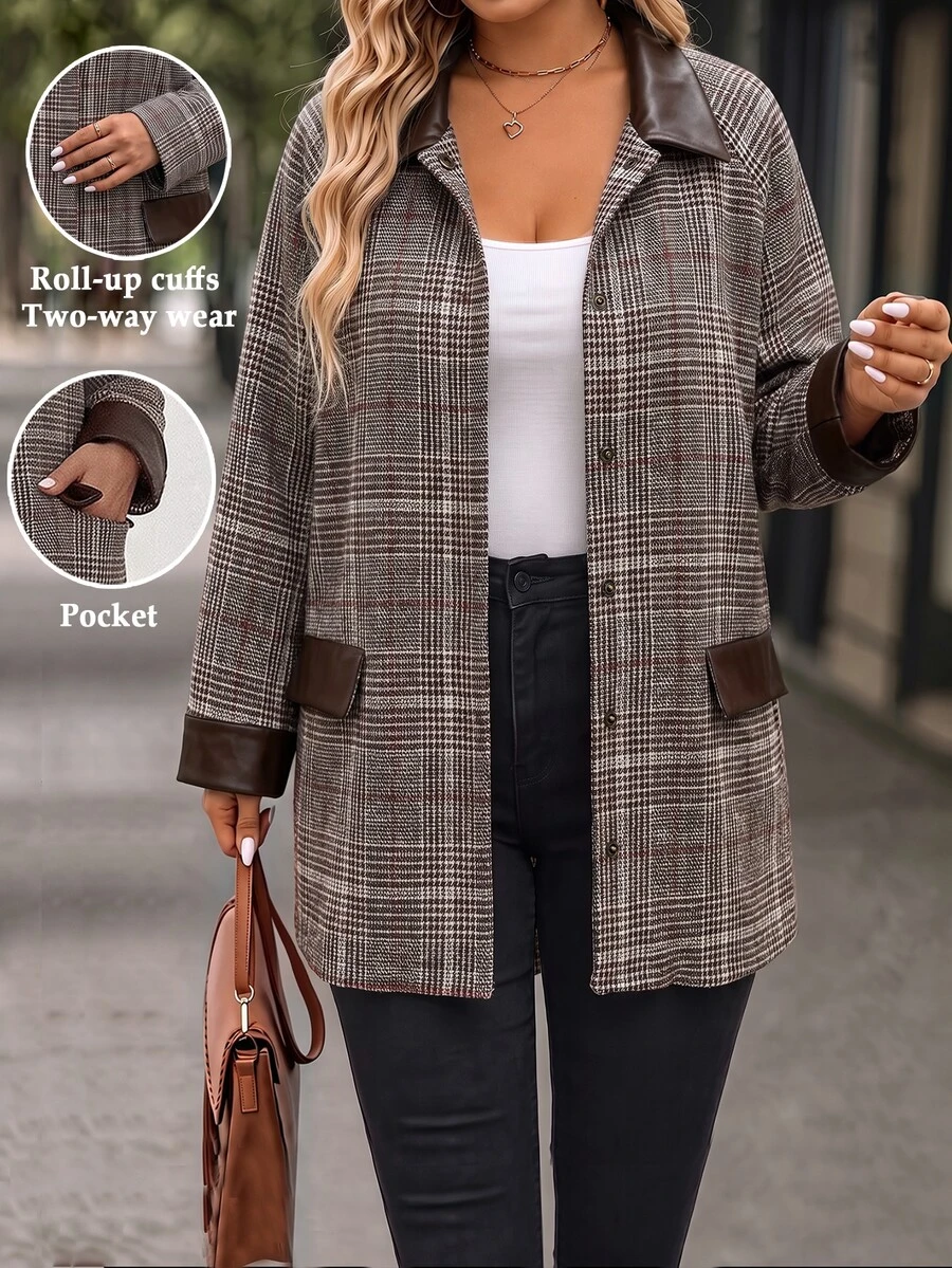EMERY ROSE CURVE Jaket Wanita Ukuran Besar Motif Kotak-kotak Vintage Musim Gugur/Dingin dengan Kerah Patchwork Kulit, Lengan Panjang, Potongan Longgar, Blazer Komuter Serbaguna Musim Gugur - MultiWarna - View 1