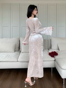 Feyla Women's Cowl Neck Flared Sleeve Butterfly Embroidered Elegant Midi Dress - Apricot - View 6