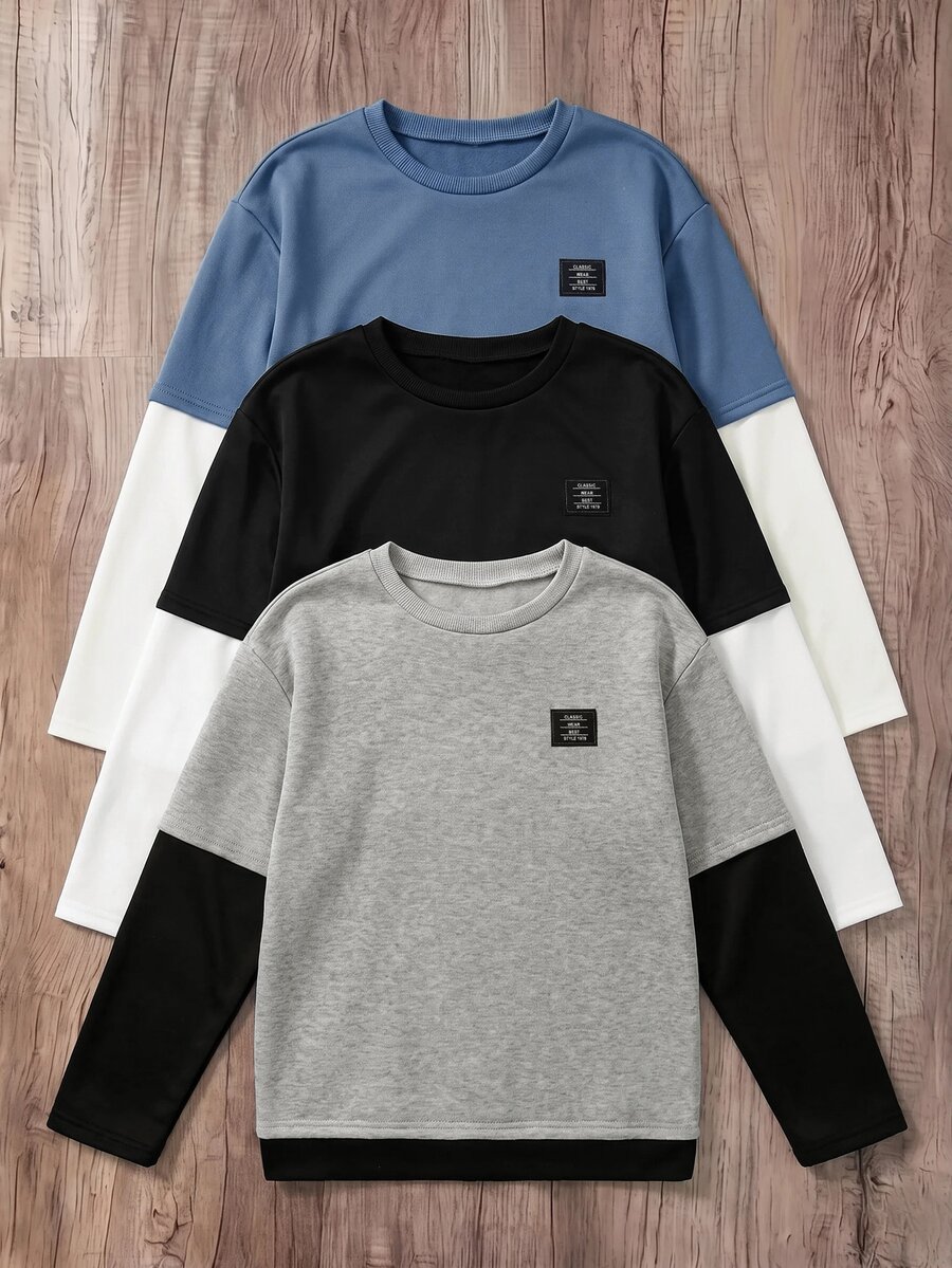 SHEIN Tween Boy Patch 3pcs/Set 2 In 1 Patchwork Casual Daily Long Sleeve T-Shirts - Grey - View 1