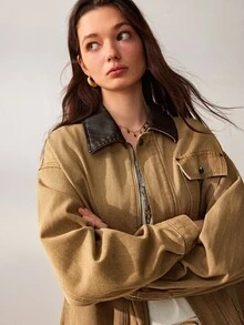 Willow Rêve Women's Khaki Loose Jacket, Washed Process With Workwear Stitching, Contrast Faux Leather Collar, Zipper And Patch Pocket Design, Solid Color Autumn Casual Style, Suitable For Travel And Commute - Yellow - View 4