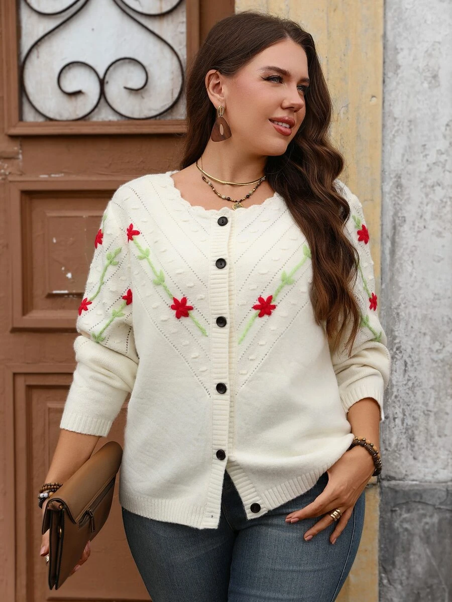 EMERY ROSE كارديجان محبوك بأكمام طويلة وزر واحد للنساء بمقاسات كبيرة مزين بزخارف زهرية ثلاثية الأبعاد - لون مشمشي - مشاهدة 1