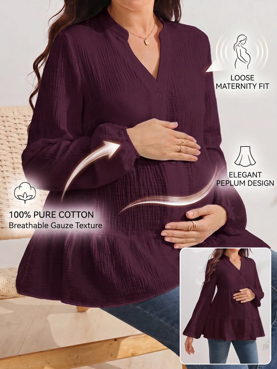 SHEIN Stand Collar V-Neck Maternity Blouse, 100 Cotton, Button-Front Ruffle Hem, Loose Lantern Sleeve, Baby Shower Burgundy Autumn Casual Elegant Fall - Burgundy - View 1