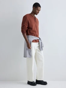 Merionis Men's Solid Color Long Sleeve Button Half-Placket Casual Sweatshirt - Mocha Brown - View 3