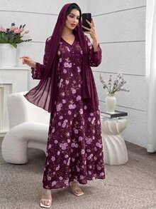 Yasmyna V領雪紡蕾絲拼接粉色印花洋裝附頭巾 - 紫色 - 查看 3