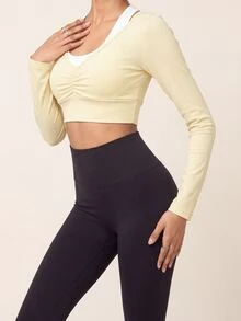 SHEIN BAE Women's Pleated 2 In 1 Long Sleeve Halter Neck Sports T-Shirt - Butter Yellow - View 6