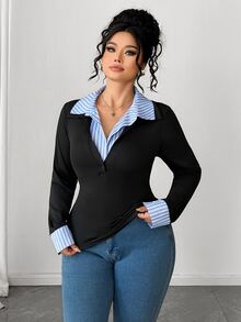 Elenzga Plus Size Women's Sexy High-End Contrast Color 2 In 1 POLO Collar Top, Spring Slim Fit Flattering Inner Layer Base Shirt, - Multicolor - View 6