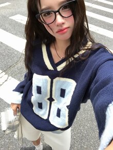 DAZY Women's V-Neck Korean Style English Letter Print Long Sleeve Deer Fleece Sweater Fall - Blue - View 6