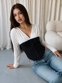 Coastalzia Two Tone V Neck Ruched Long Sleeve Corset Top, Color Block Button Front Slim Fitted Crop Blouse - Multicolor - View 6