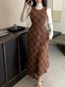 DAZY Slim Fit Flattering Plaid Wool Blend Mid-Length Dress For Women - Coffee Brown - View 4