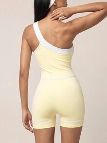 SHEIN BAE 女款拼色單肩無袖運動連身褲 - Butter Yellow - 查看 2