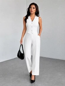 SHEIN PETITE 休閒無袖開襟背心與寬鬆長褲套裝，適合秋冬穿著 - 白色 - 查看 1