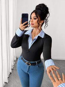 Elenzga Plus Size Women's Sexy High-End Contrast Color 2 In 1 POLO Collar Top, Spring Slim Fit Flattering Inner Layer Base Shirt, - Multicolor - View 7