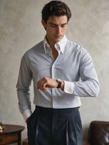 Manfinity Dauomo Men's Striped Long Sleeve Single-Breasted Casual Commute Shirt - Blue and White - View 1