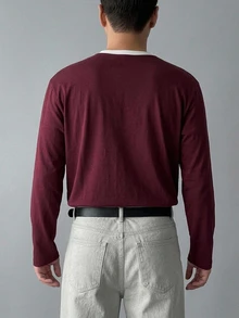DAZY Summer Letter Print Patchwork Contrast Collar Burgundy Men's T-Shirt - Burgundy - View 2