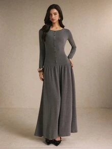 Poéselle 女款純色圓領長袖鈕扣設計休閒洋裝 - 灰色 - 查看 3