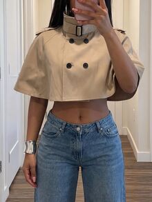 Slaydiva Khaki Cropped Cape Trench Coat | Vintage Short Poncho Jacket-Z - Khaki - View 10