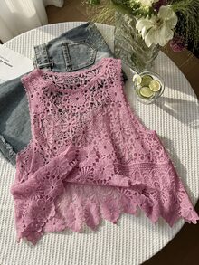 SHEIN EZwear 大尺碼女款春夏刺繡鏤空針織背心 - 藕粉色 - 查看 5