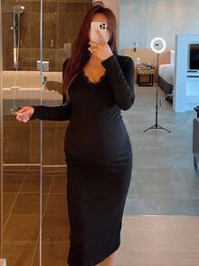 DAZY Solid Color Slim Fit Long Sleeve V-Neck Lace Trim Elegant Sexy Vacation Daily Spring Autumn Maternity Dress - Black - View 1