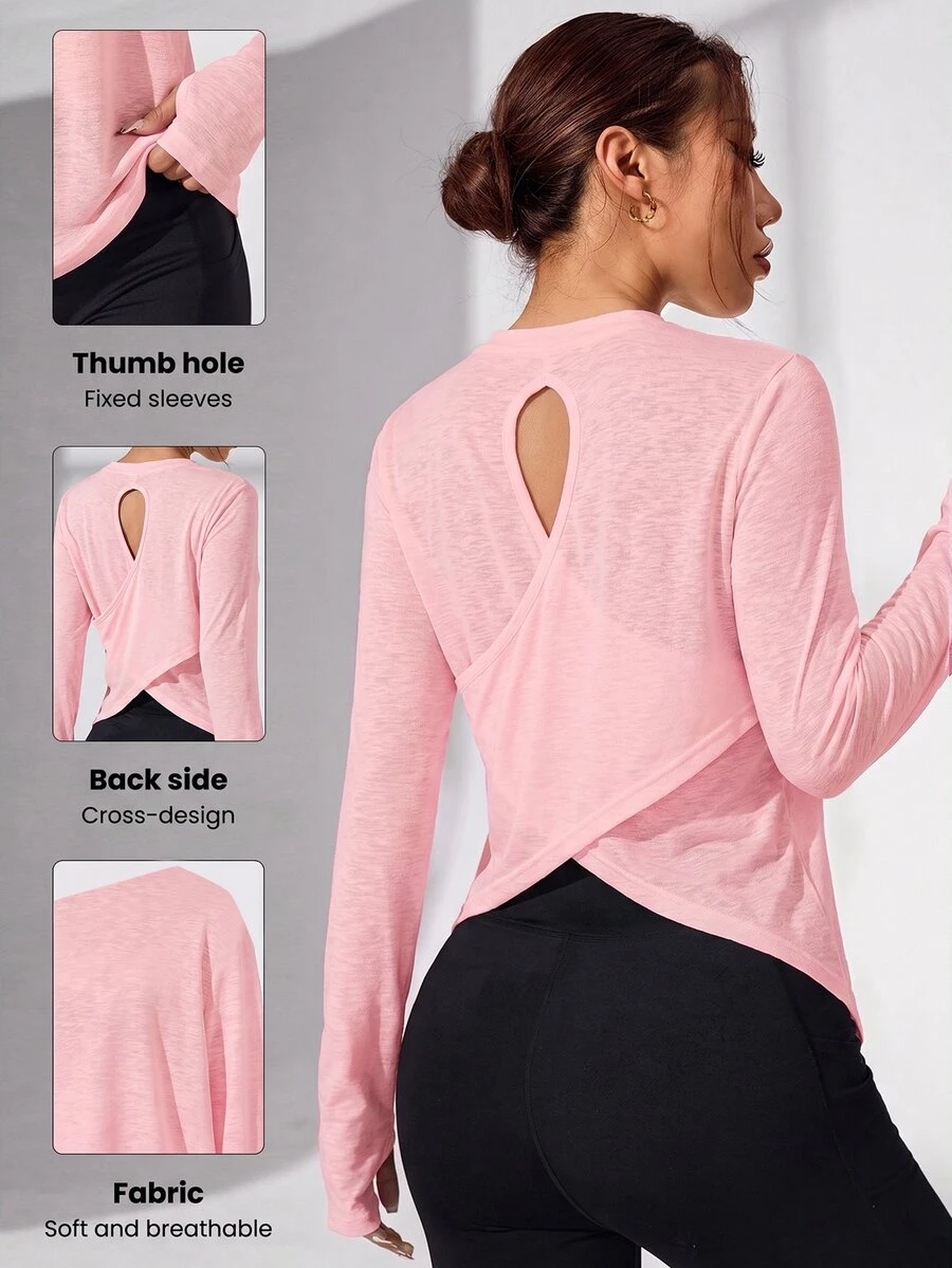 SHEIN Sovereign Charm 女款純色後背交叉設計長袖運動T恤 - 粉色 - 查看 1