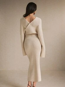 Poéselle Women's Ivory Ribbed Knit Two Pieces Set – Wrap V-Neck Bell-Sleeve Sweater And High-Waist Maxi Skirt Matching Outfit Women Fall Winter Sweater Set Chic - Apricot - View 4