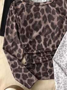 1件隨機款青少年女孩純色與豹紋拼接側抽褶長袖圓領T恤，時尚Y2K軟綿上衣，適合春季、秋季、冬季 - 彩色 - 查看 5