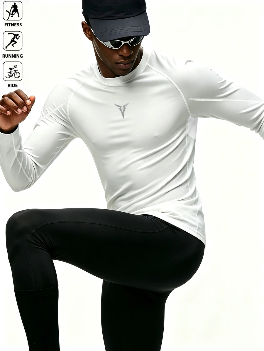 Acti Log Men's Geometric Print Raglan Long Sleeve Sports T-Shirt, Gym - White - View 1