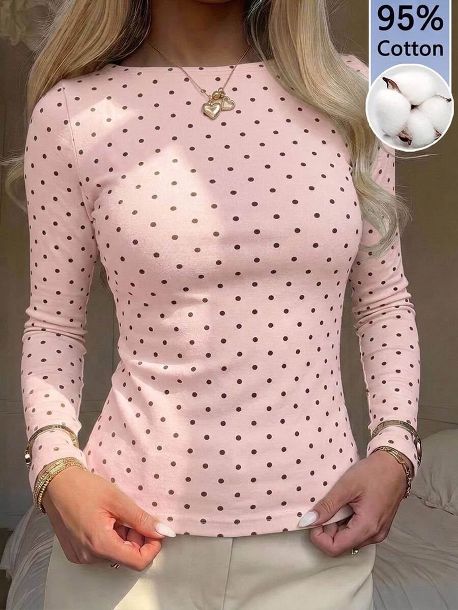 CovetEZ 95%棉全印花女款方領長袖T恤 - 粉色 - 查看 1